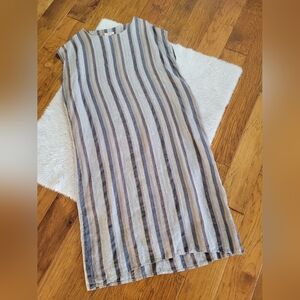 BUYKUD Linen Dress Kaftan Long Striped Pockets Lagenlook Beach Size M/L